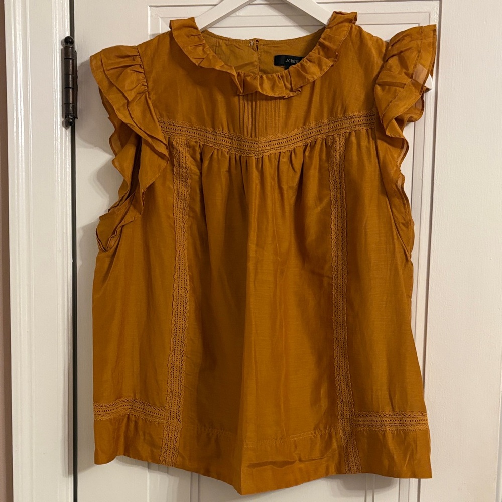 J. Crew Golden Cotton and Silk Ruffle Sleeve Blouse Pintuck and Crochet Details